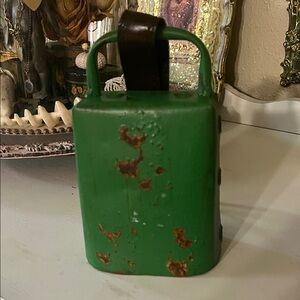 Green Vintage Metal Cow Bell with Leather Strap